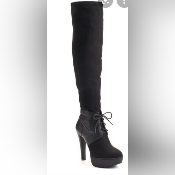 Jlo Vivah Black over the Knee Platform Boots with lace up front Size 7 1/2 M - Picture 1 of 16
